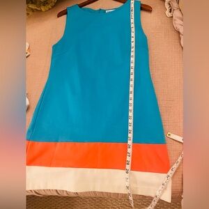 Trina Turk Cheers Sleeveless Colorblock Shift Dress -Turquoise Coral & Ivory. 10